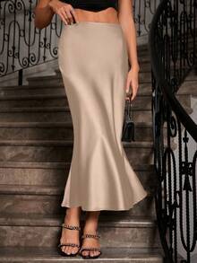 Glamine Chân váy dài dáng đuôi cá màu trơn dành cho nữ, chất liệu satin, kiểu dáng thanh lịch, phù hợp cho các buổi tiệc và mặc hàng ngày. - Màu be - Xem 5