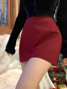 DAZY 女士羊毛混纺半身裙，休闲商务优雅百褶A字裙，适合秋冬季穿着 - 紅色 - 查看 3