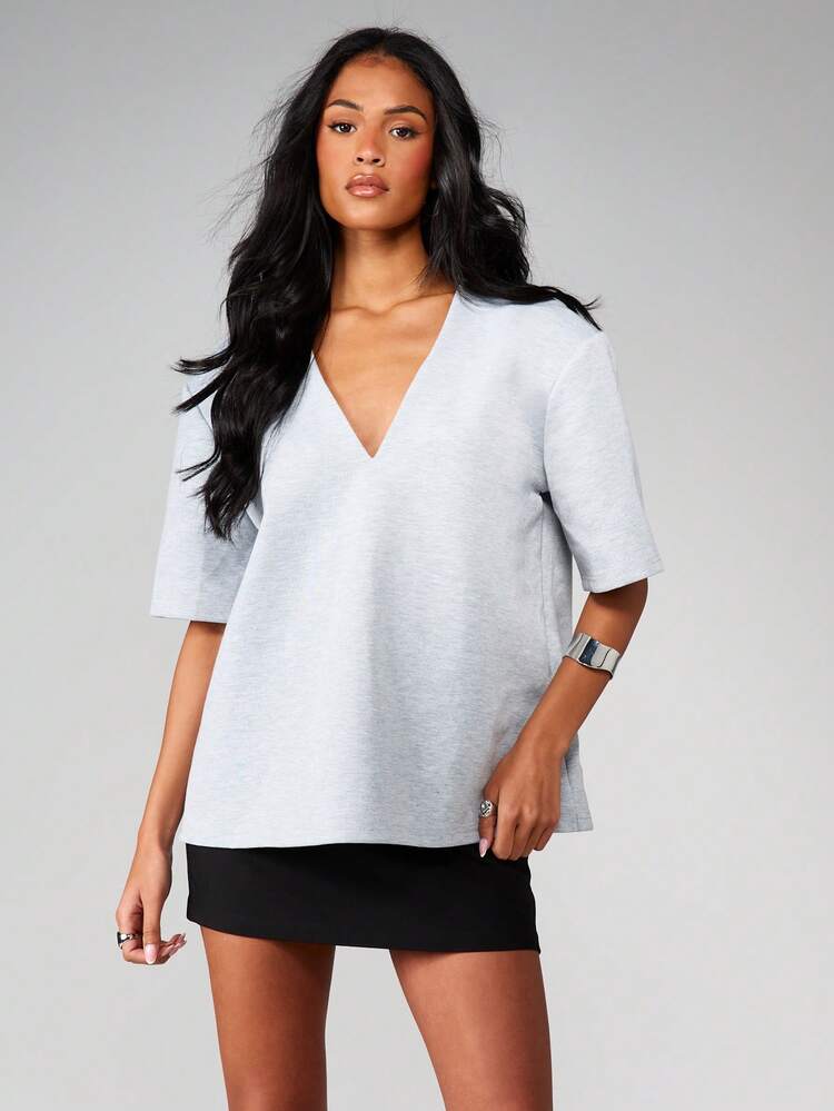 MISSGUIDED Jasnoszary T-shirt z dekoltem w serek i krótkim rękawem, do nurkowania, na co dzień, w stylu basic