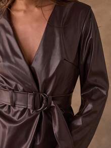 SHEIN BAE Women's Elegant Dark Brown PU Leather Jacket,Autumn Long-Sleeve V-Neck Belted Solid-Color Fashion Jacket For Night Out - Coffee Brown - View 9
