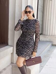 Melissa Matos Women Leopard Print Mesh Flared Sleeve Mini Dress,Summer Dresses For Women - Brown - View 3