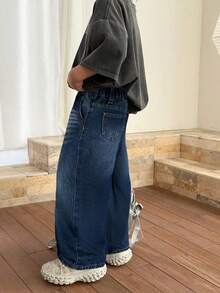 SHEIN Young Boys'Trending Stonewashed Casual Wide Leg Baggy Blue Denim Jeans,Kids Spring/Summer Clothes Daily Wear Outfits
