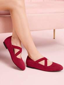 CUCCOO DOLLMOD Women's Burgundy Suede Retro Elegant Simple Criss-Cross Elastic Band Slip-On Soft Bottom Flat Mary Jane Ballet Flats - Burgundy - View 5