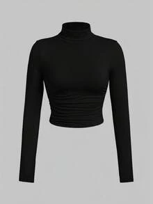 SHEIN EZwear 两件装女士休闲无缝紧身高领长袖T恤，适合秋冬季节穿着，可叠穿，95%棉 - 彩色 - 查看 6