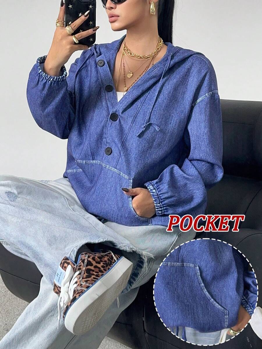 POPSWAY Plus Size Women Hooded Sweatshirt With Pockets, Casual Loose Fit For Outdoor, School, Date, Party, Autumn/Winter - Blue - View 1