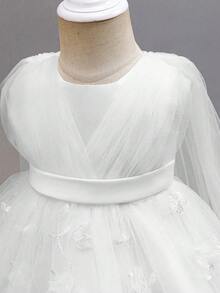 SHEIN Glamorique Kids 女婴香槟色刺绣网纱薄纱连衣裙（带披肩），公主花童连衣裙，适合婚礼、派对、生日、正式场合 - 米色 - 查看 5