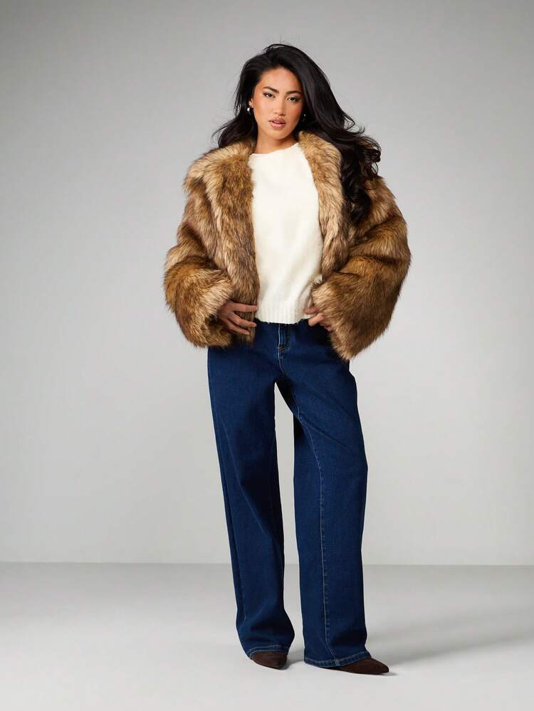 MISSGUIDED Luxurious Faux Fur Jacket Long Sleeve Winter Coat Brown Fluffy Warm Oversized Outerwear