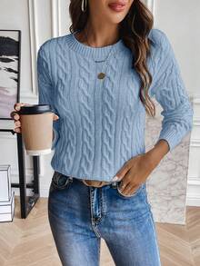 SHEIN LUNE Áo len dệt kim màu trơn đơn giản hở vai cho nữ, Thu/Đông - Màu xanh lam - Xem 3