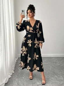 SHEIN PETITE CURVE 大码女式V领交叉长袖收腰A字优雅印花连衣裙，秋冬款 - 彩色 - 查看 4