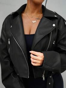 SAYEHFBABY Zip Up PU Leather Moto Jacket Fall Winter Cloth For Women