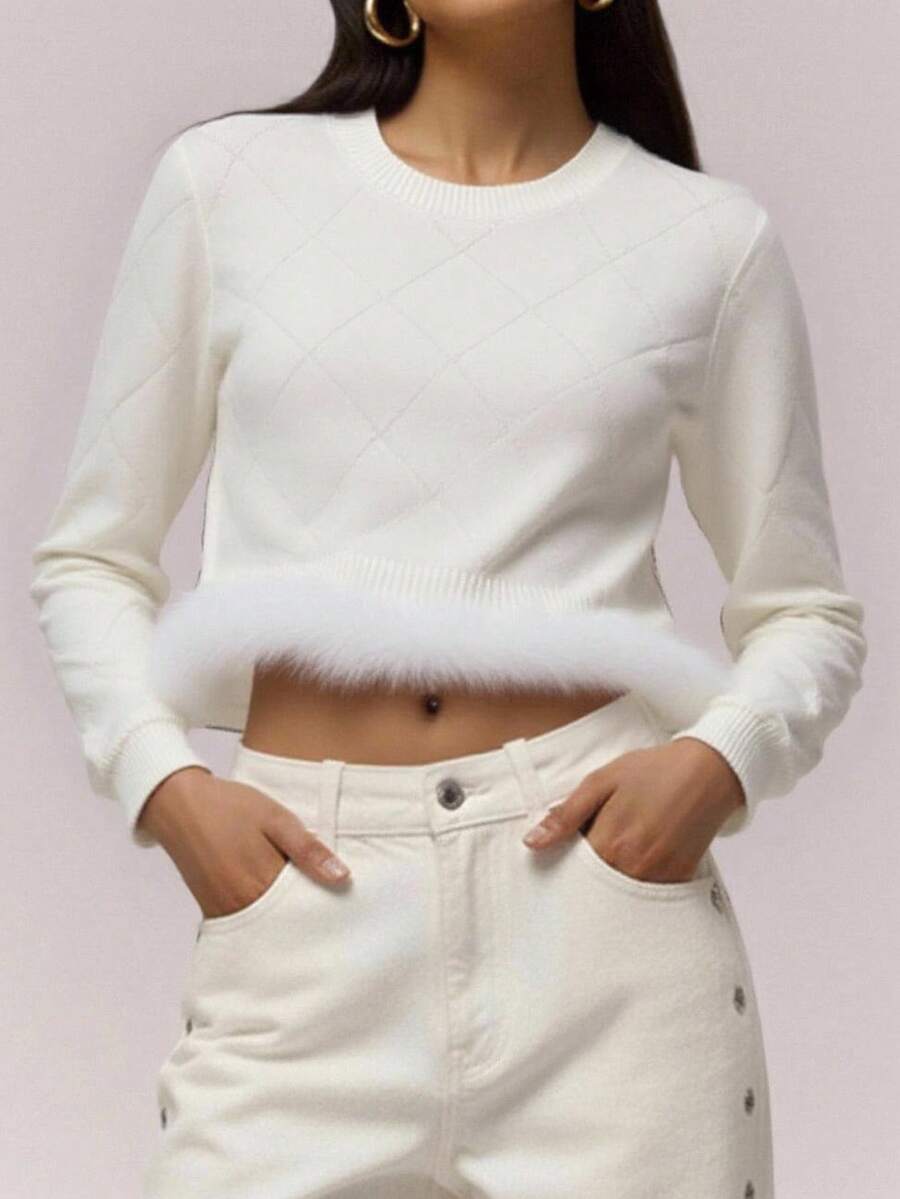 Genkimix Kids Jersey de niña con tejido especial de hilo, adornos de lentejuelas y perlas, cuello redondo, manga larga, jersey de punto, diseño de lujo con combinación, sensación de alta gama, estilo académico blanco puro, otoño/invierno