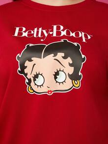 Betty Boop x SHEIN 大码复古性感街头服饰 Y2K 秋季红色经典卡通人物图案宽松圆领运动衫