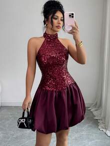 Elenzga Women's Sequins Embellished Satin Lined High Neck Sleeveless Ruffle Hem Dress, Elegant Angola Red, Sophisticated, Vintage French Street Style, Versatile, Autumn/Winter, Suitable For Halloween, Christmas, Thanksgiving, Formal Parties, Cocktail Dresses - Burgundy - View 7