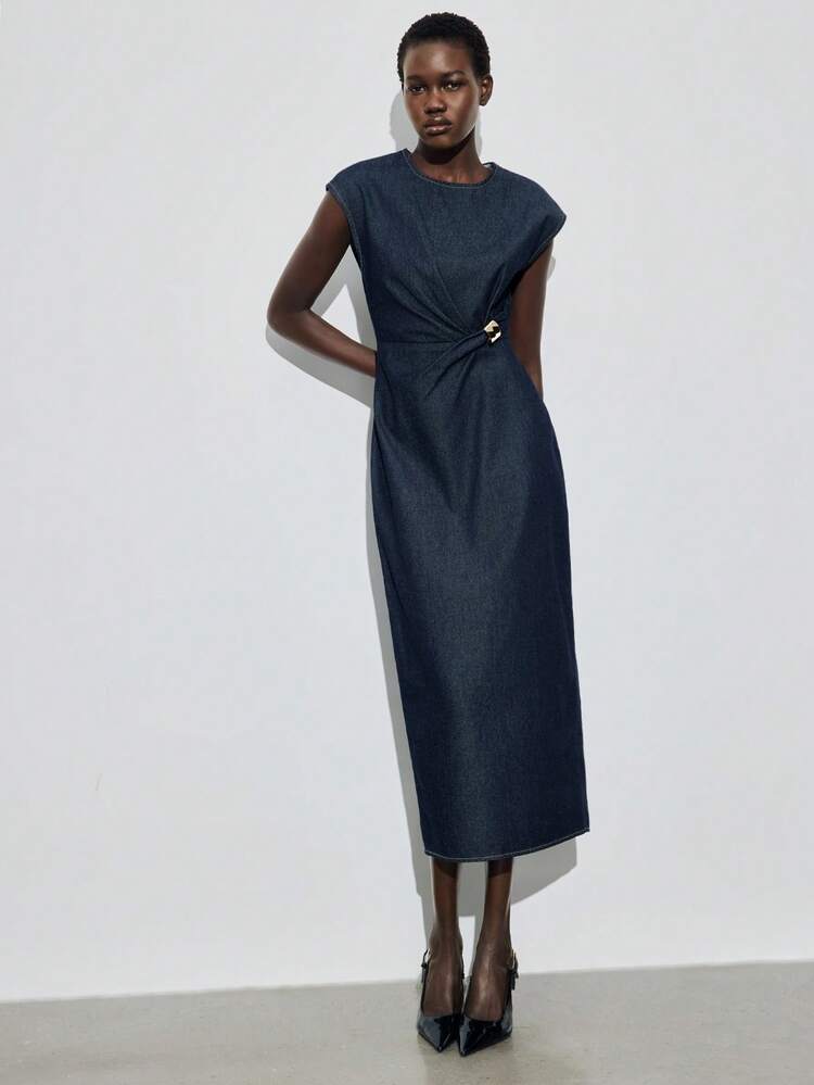 SHEIN Maija New Women's Navy Blue Long Dress With Gold Trim, Denim Midi Dress French Elegance Sleeveless Fitted Waist Dress For The Workplace