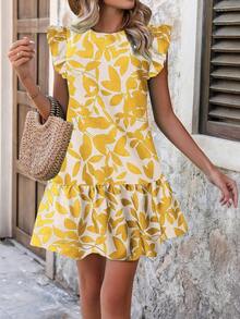 Breezaya Plant Printed Sleeveless Ruffle Hem Sundress Vacation Beach Outfits Women