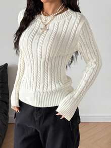 SHEIN PETITE 女式纯色休闲扭纹宽松长袖毛衣上衣，秋冬 - 杏色 - 查看 6