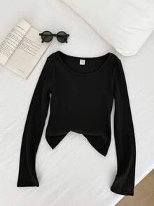 SHEIN Teen Girls' Ribbed Crew Neck Elastic Fitted All-Match Versatile Long Sleeve T-Shirt, Comfortable - Black - View 5