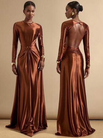 SHEIN Veneréa Vestido de manga larga con cuello redondo, cintura plisada y decoración de anillo de metal, diseño espalda descubierta y calado, adecuado para múltiples ocasiones