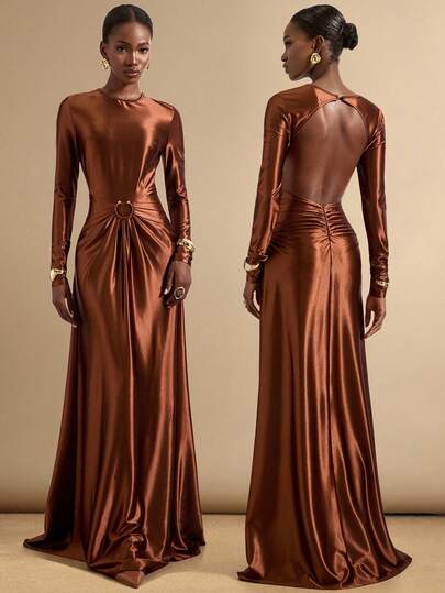 Vesra 棕色圆领长袖百褶腰连衣裙，金属环装饰，露背镂空设计，适合多种场合