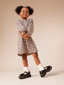 SUMWON Váy mini kẻ caro dài tay có nơ sau lưng thời trang thu đông cho bé gái - màu nâu - Xem 5