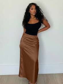 Alexandranx Falda de longitud maxi de un solo color para uso diario, conjunto de ropa de mujer - Óxido marrón - Ver 4