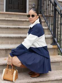 Melissa Matos Collared Striped Sport Jersey Sweatshirt Back To School Autumn Winter Cosy Fall Christmas Cute Everyday Capsule Wardrobe Y2K Streetwear Office Workwear Business Casual - Navy Blue - View 6