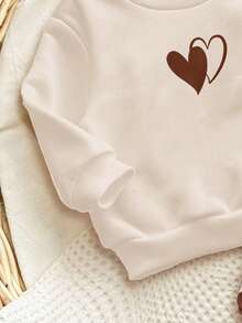 SHEIN Happikins Baby Girls Cream White & Brown, Sweet Minimalist Heart Print, Cute Deer Outfit, Baby Girl Casual Comfortable Soft Thick Warm Crew Neck Long Sleeve Sweatshirt And Leggings, Suitable For Autumn/Winter Daily Wear, Home, And Holidays