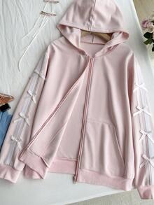 Comfortcana Plus Size Color Block Bow Decor Hooded Zip-Up Long Sleeve Sweatshirt/Winter - Pink - View 3