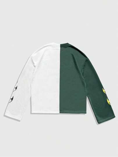 Prep Men's Letter & Flame Print Contrast Color Round Neck Long Sleeve T-Shirt