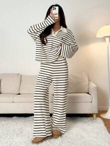 SHEIN PETITE Pantalones holgados de cintura elástica a rayas, suéter de invierno, adecuado para otoño e invierno y cómodo casual versátil - Blanco y Negro - Ver 1