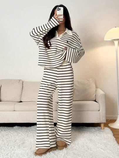 SHEIN PETITE Elastic Waist Loose Striped Pants, Winter Sweater, Suitable For Autumn And Winter Warm And Comfortable Casual Versatile Two Piece Set Women Comfy 2 Piece Lounge Sets Woman Striped Two Piece Set Pajama Sets For Women Comfortable Two Piece Set