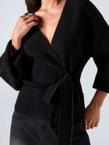 LYSMO 2025新款极简秋季女装休闲日常通勤简约黑色落肩宽松侧结开衫秋冬裹身上衣女毛衣毛衣上衣黑色上衣前系带上衣 - 黑色 - 查看 4