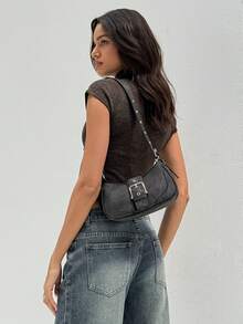 Aloruh 1 pieza Bolso de mano de mujer de piel sintética, estilo motociclista de moda Y2K baddie, bolso denim retro pequeño, bolso bandolera de nicho de estilo dulce y picante - Negro - Ver 7