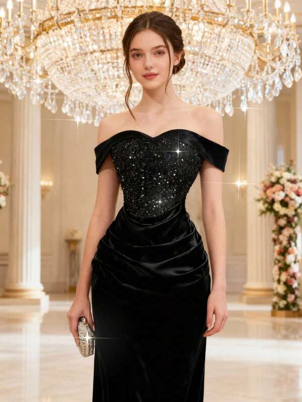 Pitira Teen Girls' Black Sequin Off Shoulder Slit Maxi Party Dress Glamour Dress Black Elegant Dress Sequin Black Dress Classy Black Dress Off-Shoulder Gown,Christmas Outfit; Christmas Dress; Christmas Party Dress.