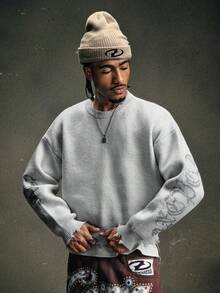 AXEPEAK Vintage Distressed Crew Neck Pullover Sweater For Men - Light Grey - View 5