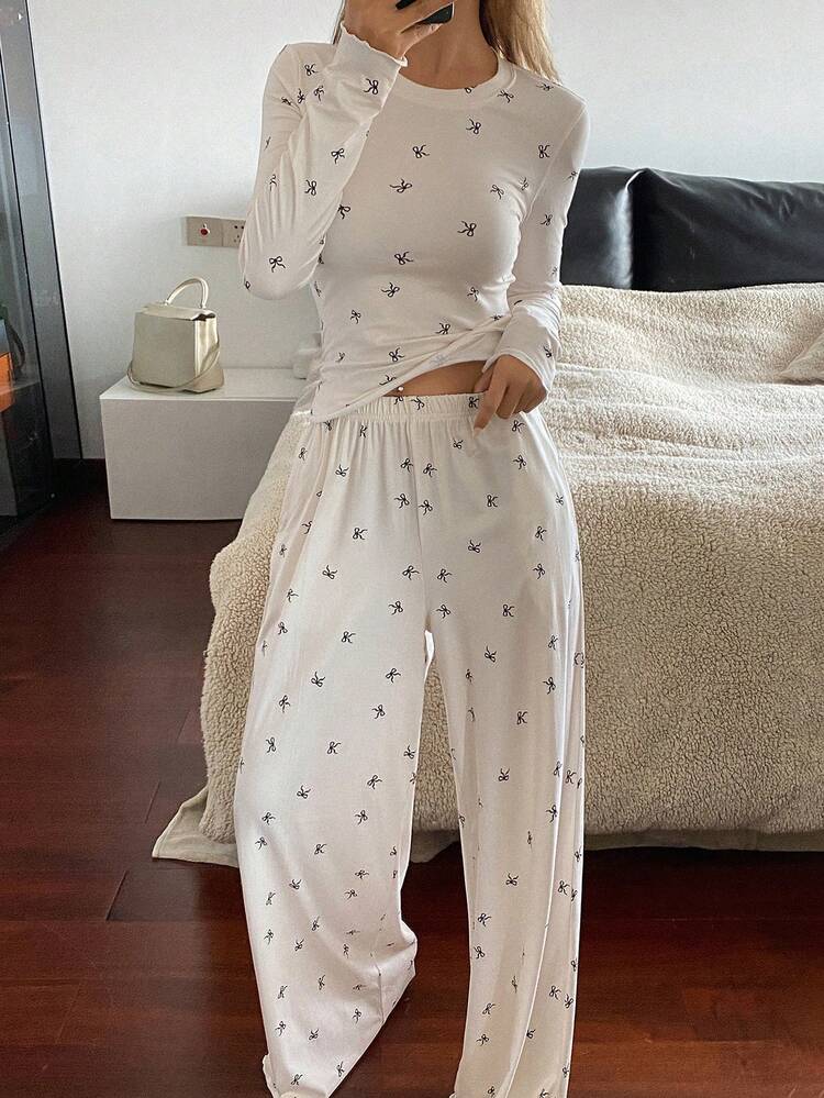 Tall Women's Butterfly Print Round Neck Fitted Long Sleeve T-Shirt And Loose Pants 2 Pieces Casual Set Summer