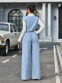 SHEIN Tall 女士V领纽扣半开襟休闲阔腿牛仔连体裤 - 藍色 - 查看 2