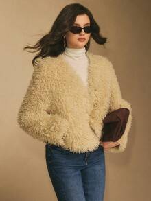 Poéselle Cozy Beige Faux Fur Teddy Jacket For Women,Elegant Soft Sherpa Cardigan,Warm Winter Fluffy Outerwear,Casual Solid Color Layer For Autumn & Night Out - Apricot - View 7