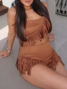 Ambs Edit 2pcs Women Brown Suede Fringe Set, Suitable For Music Festival, Western Outfit - Camel - View 3