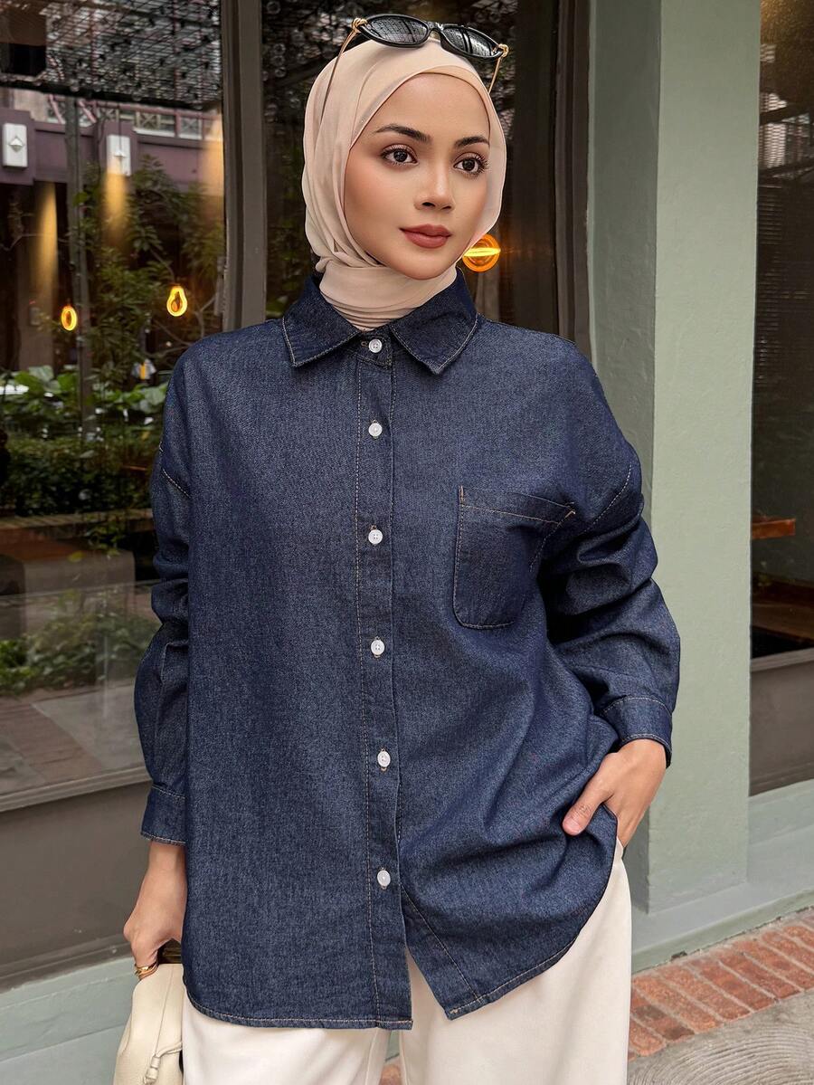 DAZY 女士休闲水洗牛仔长袖衬衫 - 深色水洗藍 - 查看 1