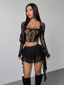 SHEIN PETITE Chân váy ren sóng cạp thấp dáng suông phối cùng quần short ngắn để che chắn hở hang, thích hợp cho kỳ nghỉ, phong cách bohemian, tiệc tùng, lễ hội. - màu đen - Xem 14