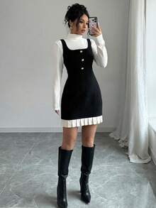 Selianne 女式黑白拼接宽肩带前扣休闲连衣裙 - 彩色 - 查看 1