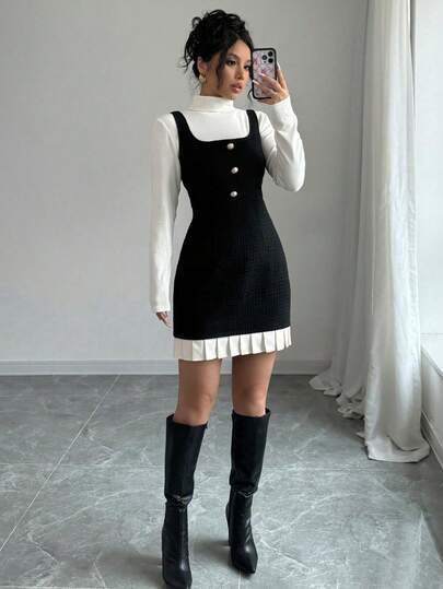 Selianne 女式黑白拼接宽肩带前扣休闲连衣裙