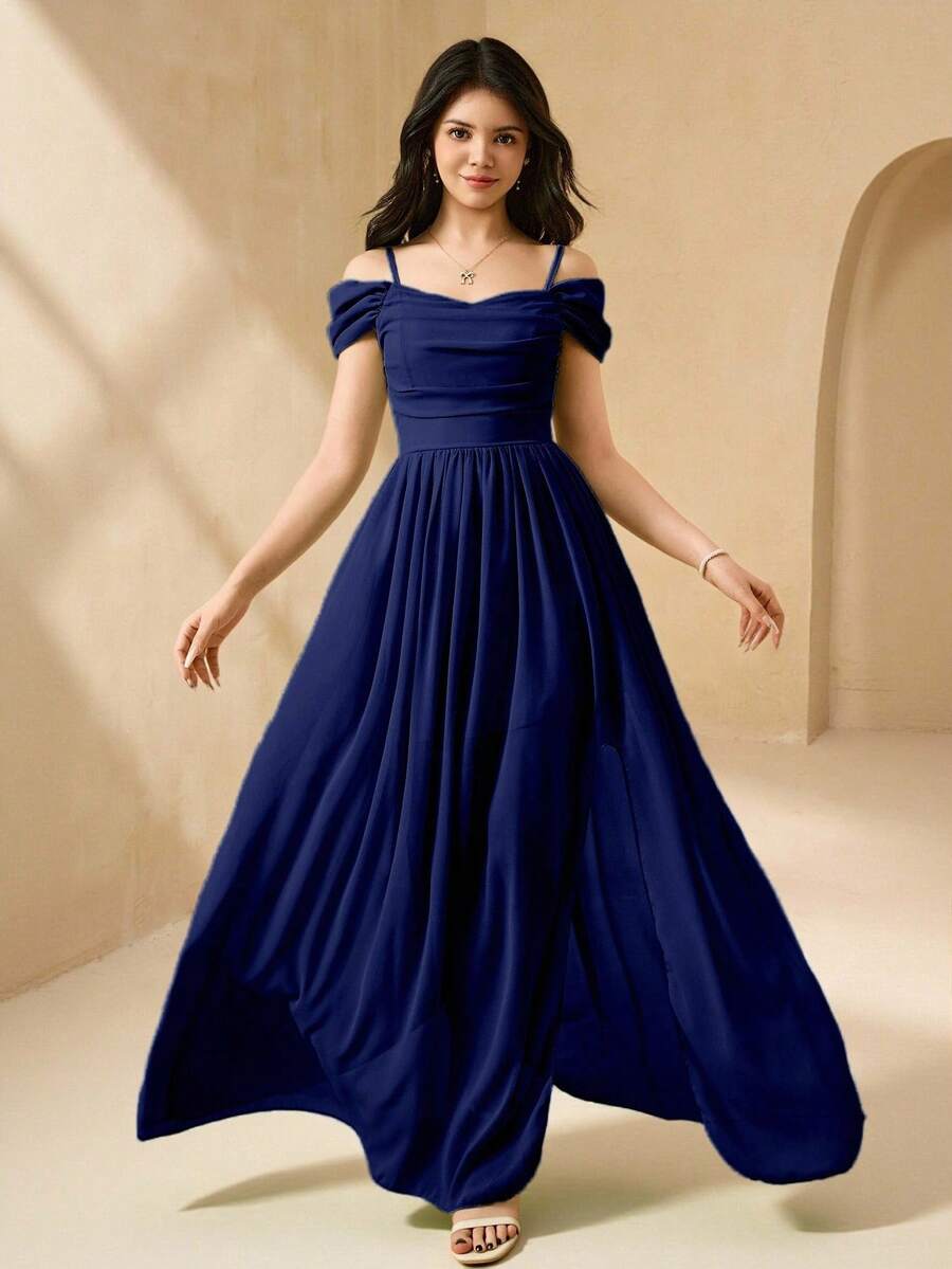 少女绿色雪纺独特吊带连衣裙，优雅开衩度假裙，适合夏季海滩穿着 - 藏蓝色 - 查看 1