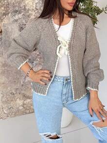 Milla Jasmine كارديجان كنزة صوفية نسائية بياقة على شكل V وأكمام طويلة مع تريم ملون وعقدة، كنزة صوفية محبوكة للخريف/الشتاء