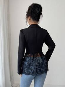 SHEIN PETITE Elegant Romantic Contrast Lace Waist Fitted A-Line Women Blazer Jacket