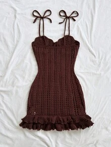 Soleia Women's Vacation Peach Starfish Decor Double Ruffle Halter Sweater Dress, Suitable For Holiday, Date, Afternoon Tea, Beach, Cruise, City Trip, Wedding Season, Music Festival, Boho Vacation - Brown - View 2