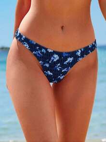 Swim Vcay Summer Beach Floral Random Print Smocked Bikini Panty - Multicolor - View 1