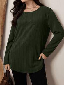 SHEIN LUNE Plus Size Casual Long Sleeve Textured Fabric T-Shirt With Curved Hem, Suitable For Autumn/Winter Holiday - Army Green - View 5