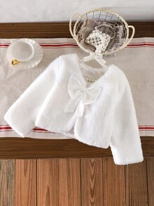 Elladie kids Young Girls Fluffy Long Sleeve Ivory Cardigan With Bow, Fashionable And Elegant Children Winter Outerwear